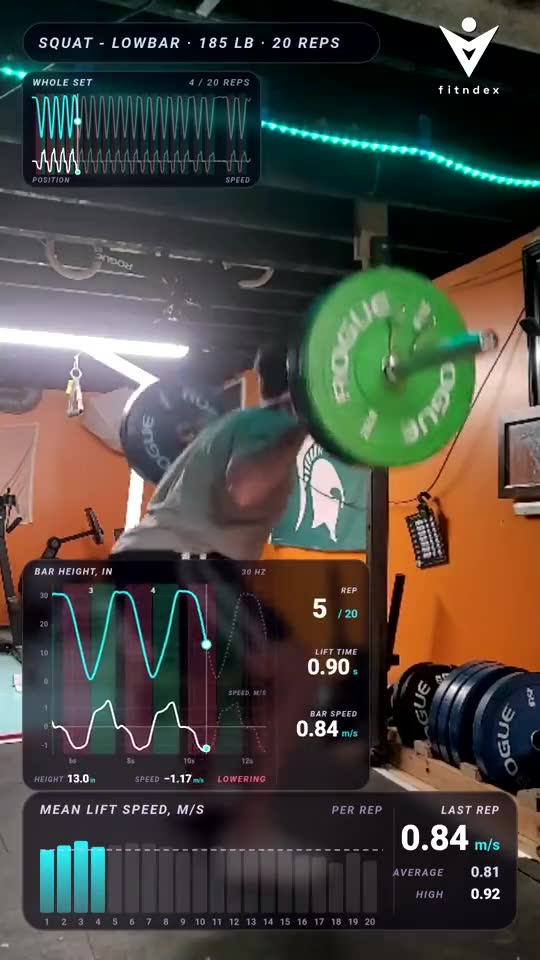 A squat set in the FITNDEX app with bar height, bar speed and lift time for each rep